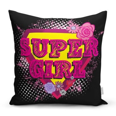 Siyah Zeminde Super Girl Özel Tasarımlı Dijital Baskılı Modern Yastık Kırlent Kılıfı