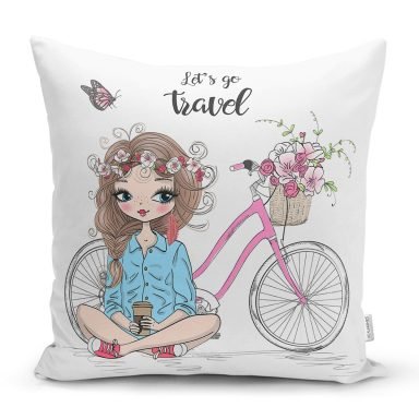 Lets Go Travel Çizimli Dijital Baskılı Modern Yastık Kırlent Kılıfı