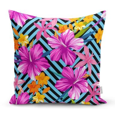 Zikzak Zeminde Renkli Çiçek Desenli Özel Tasarım Dijital Baskılı Modern Yastık Kırlent Kılıfı