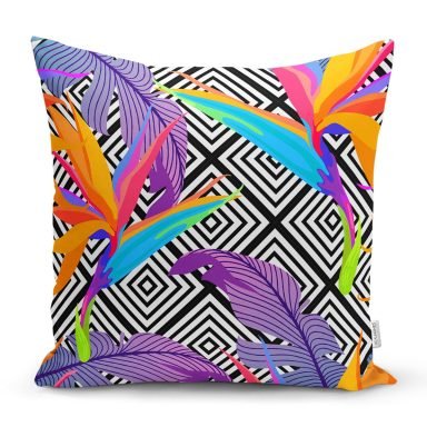 Geometrik Zeminde Tropikal Yapraklar Dijital Baskılı Modern Yastık Kırlent Kılıfı