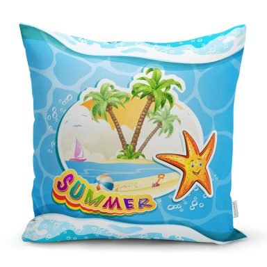 Mavi Zeminde Summer Motifli Dijital Baskılı Modern Yastık Kırlent Kılıfı