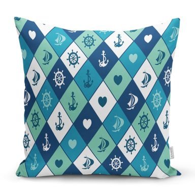 Denizci Temalı Çapa Dümen Gemi Figürlü Özel Tasarım Dijital Baskılı Modern Yastık Kırlent Kılıfı