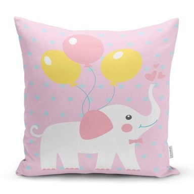 Pembe Zeminde Fil ve Balon Motifli Çocuk Odası Yastık Kırlent Kılıfı