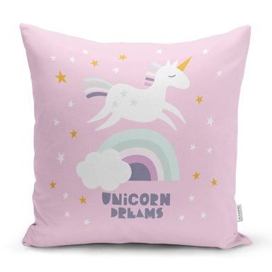Realhomes Pembe Zeminde Unicorn Özel Tasarımlı At Motifli Modern Yastık Kırlent Kılıfı