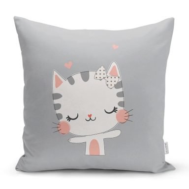 Gri Zeminde Sevimli Kedicik Desenli Modern Yastık Kırlent Kılıfı