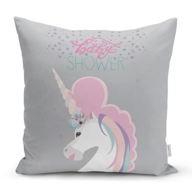 Gri Zeminde Baby Shower Unicorn At Tasarımlı Modern Yastık Kırlent Kılıfı