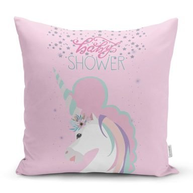 Pembe Zeminde Baby Shower Unicorn At Tasarımlı Modern Yastık Kırlent Kılıfı