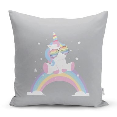 Gri Zeminde Unicorn Tasarımlı Çocuk Odası Yastık Kırlent Kılıfı