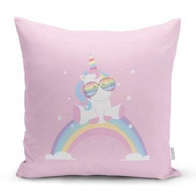 Pembe Zeminde Unicorn Tasarımlı Çocuk Odası Yastık Kırlent Kılıfı