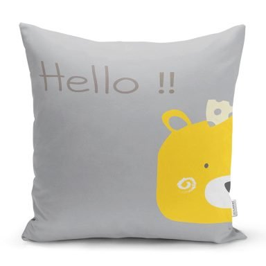 Gri Zeminde Sarı Ayıcık Hello Motifli Çocuk Odası Yastık Kırlent Kılıfı