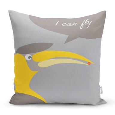 Gri Zeminde I Can Fly Leylek Motifli Bebek Odası Yastık Kırlent Kılıfı