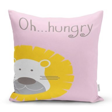 Pembe Zeminde Hungry Aslan Motifli Dijital Baskılı Bebek Odası Kırlent Kılıfı