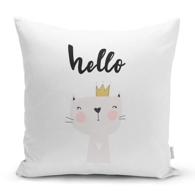 Beyaz Zeminde Hello Kedicik Özel Tasarımlı Modern Yastık Kırlent Kılıfı