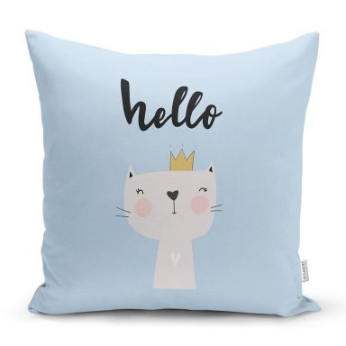 Mavi Zeminde Hello Kedicik Özel Tasarımlı Modern Yastık Kırlent Kılıfı
