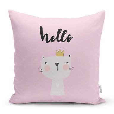 Pembe Zeminde Hello Kedicik Özel Tasarımlı Modern Yastık Kırlent Kılıfı