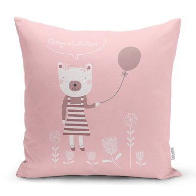Pembe Zeminde Balon ve Ayıcık Desenli Bebek Odası Yastık Kırlent Kılıfı