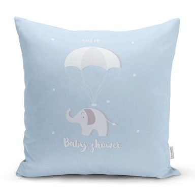 Mavi Zeminde Uçan Fil Desenli Bebek Odası Yastık Kırlent Kılıfı