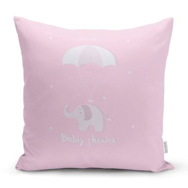 Pembe Zeminde Uçan Fil Desenli Bebek Odası Yastık Kırlent Kılıfı