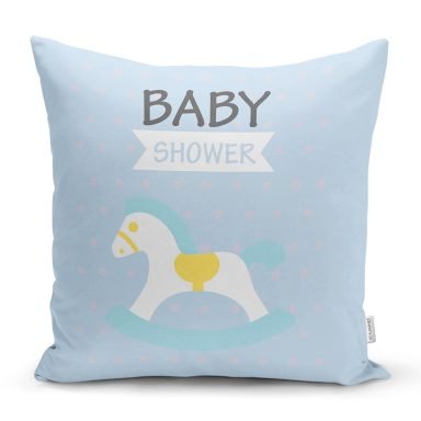 Mavi Zeminde Baby Shower Temalı Desenli Bebek Odası Yastık Kırlent Kılıfı