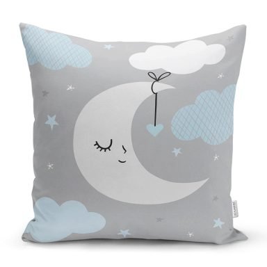 Gri Zemin Mavi Bulut ve Gri Ay Tasarımlı Bebek Odası Yastık Kırlent Kılıfı