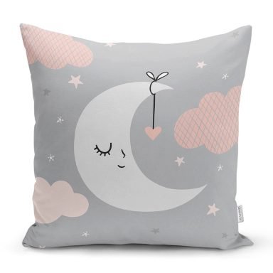 Gri Zeminde Ay ve Bulut Desenli Bebek Odası Yastık Kırlent Kılıfı