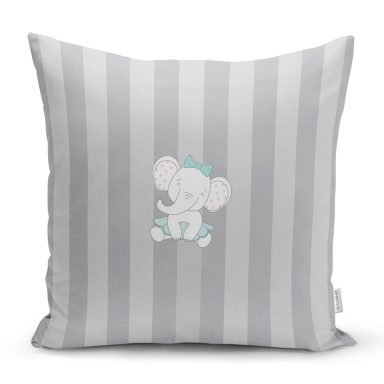 Realhomes Gri Çizgili Fil Motifli Modern Yastık Kırlent Kılıfı