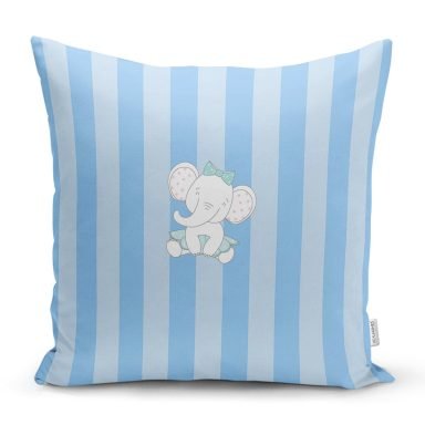Realhomes Mavi Çizgili Fil Motifli Modern Yastık Kırlent Kılıfı
