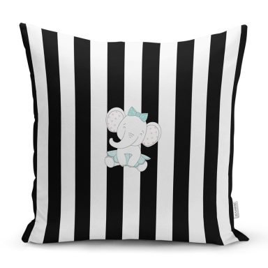 Realhomes Siyah Beyaz Çizgili Fil Motifli Modern Yastık Kırlent Kılıfı