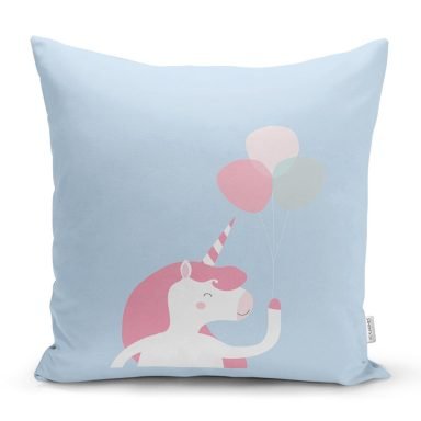 Realhomes Mavi Zeminde Unicorn At Tasarımlı Modern Yastık Kırlent Kılıfı