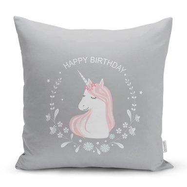 Realhomes Gri Zeminde Unicorn At Tasarımlı Modern Yastık Kırlent Kılıfı