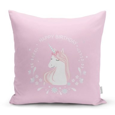 Realhomes Pembe Zeminde Unicorn At Tasarımlı Modern Yastık Kırlent Kılıfı