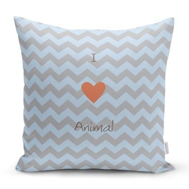 Realhomes Mavi Gri Zikzaklı I Love Animal Desenli Modern Yastık Kırlent Kılıfı