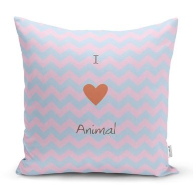Realhomes Mavi Pembe Zikzaklı I Love Animal Desenli Modern Yastık Kırlent Kılıfı