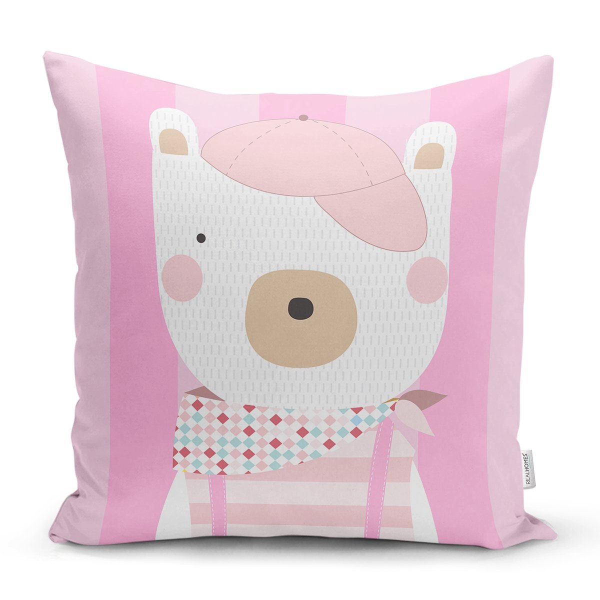 Rh-K4669p-Pembe-Cizgili-Zemin-Sapkali-Ayicik-Desenli-Dijital-Baskili-Modern-Yastik-Kirlent-Kilifi