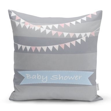 Gri Çizgili Baby Shower Temalı Çocuk Odası Yastık Kırlent Kılıfı