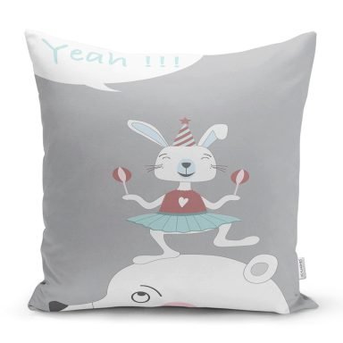 Gri Zeminde Sevimli Sirk Tavşanı Çocuk Odası Yastık Kırlent Kılıfı