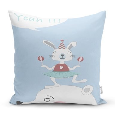 Mavi Zeminde Sevimli Sirk Tavşanı Çocuk Odası Yastık Kırlent Kılıfı