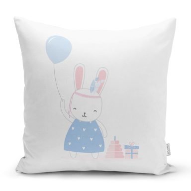 Realhomes Beyaz Zeminde Balonlu Sevimli Tavşan Modern Yastık Kırlent Kılıfı