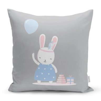 Realhomes Gri Zeminde Balonlu Sevimli Tavşan Modern Yastık Kırlent Kılıfı