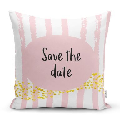 Realhomes Pembe Zeminde Save The Date Motifli Modern Yastık Kırlent Kılıfı