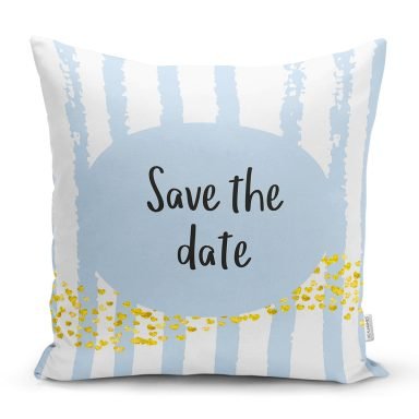Realhomes Mavi Zeminde Save The Date Motifli Modern Yastık Kırlent Kılıfı