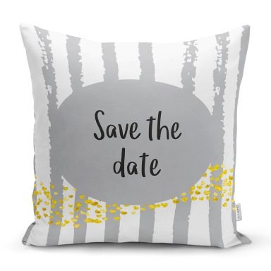 Realhomes Gri Zeminde Save The Date Motifli Modern Yastık Kırlent Kılıfı