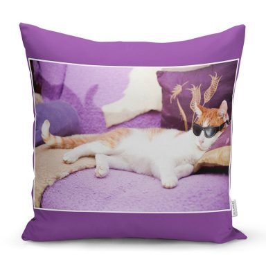 Gözlüklü Kedi Desenli Dijital Baskılı Modern Yastık Kırlent Kılıfı