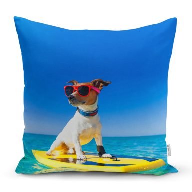 Sörf Yapan Köpek Dijital Baskılı Modern Yastık Kırlent Kılıfı