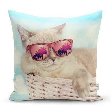 Sepetteki Gözlüklü Kedi Dijital Baskılı Modern Yastık Kırlent Kılıfı