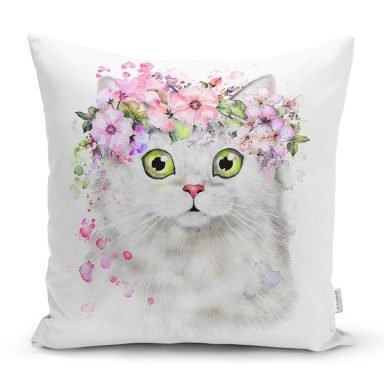 Çiçekli Kedi Motifli Dijital Baskılı Modern Yastık Kırlent Kılıfı