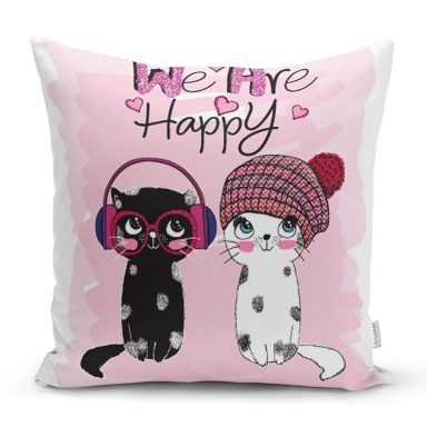 We Are Happy Kedicikler Modern Yastık Kırlent Kılıfı