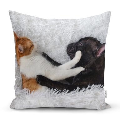 Köpek ve Kedili Dijital Baskılı Modern Yastık Kırlent Kılıfı