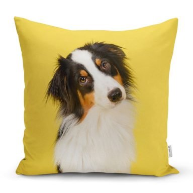 Sarı Zeminli Köpek Dijital Baskılı Modern Yastık Kırlent Kılıfı