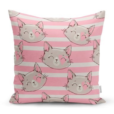 Pembe Çizgi Üzerinde Kedicikler Modern Yastık Kırlent Kılıfı
